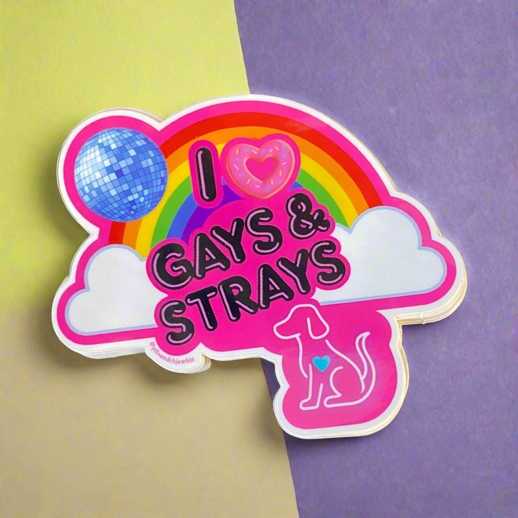 Sticker with 'I ❤️ Gays & Strays' text on a dark background