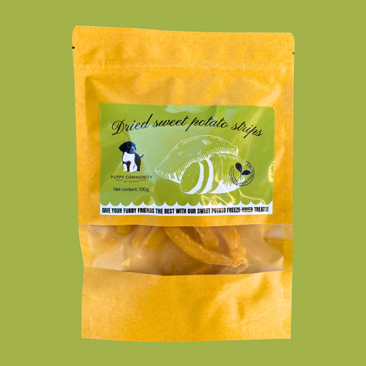 green background with kraft resealable bag. bag contains long strips of freeze dried sweet potato.