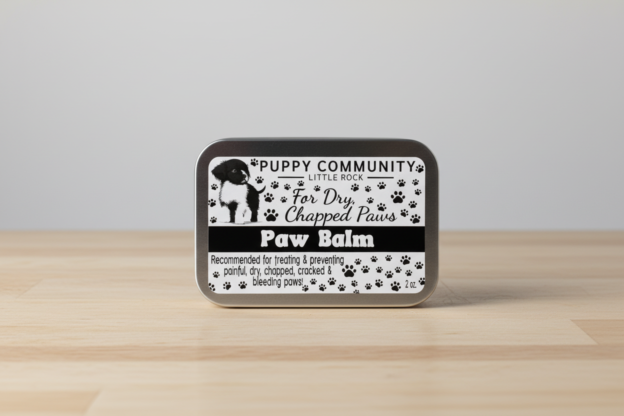 A tin container of 'Puppy Community Little Rock Paw Balm' with text and a picture of a puppy surrounded by paw prints.