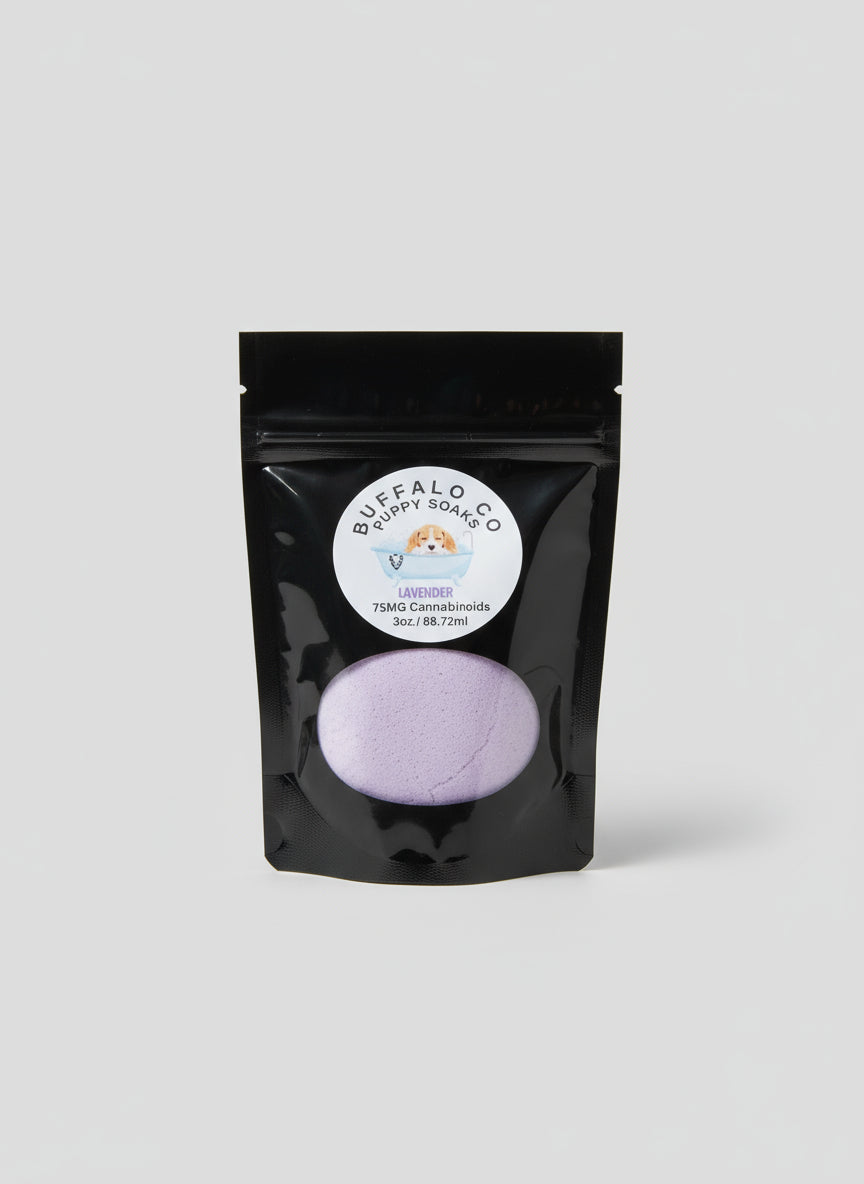 black bag full of salts with a sticker with a puppy in a bathtub