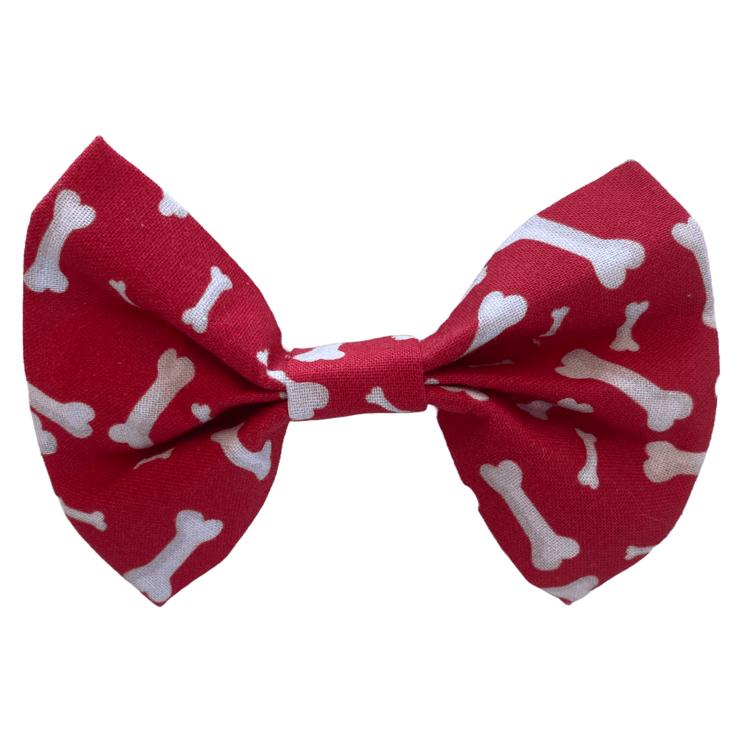 red bow tie for dogs with white bones. two white velcro strips attach to collar.
