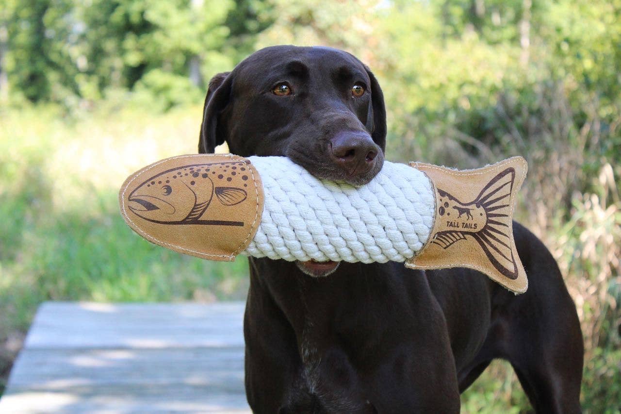 Natural Leather Trout Rope Tug Dog Toy - 15" fish