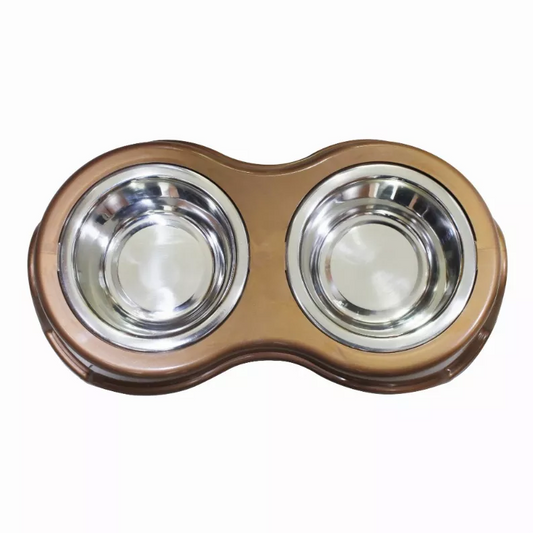 Plastic Framed Double Diner Pet Bowl in Stainless Steel, Small, Gold and Silver-Set of 2
