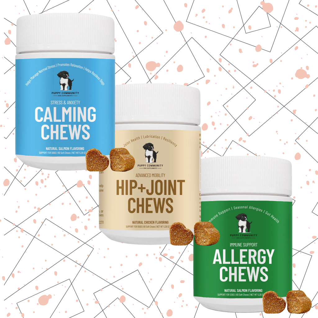 Puppy Community brand calming chews, allergy chews and hip and joint chews displayed on a pink splatter background