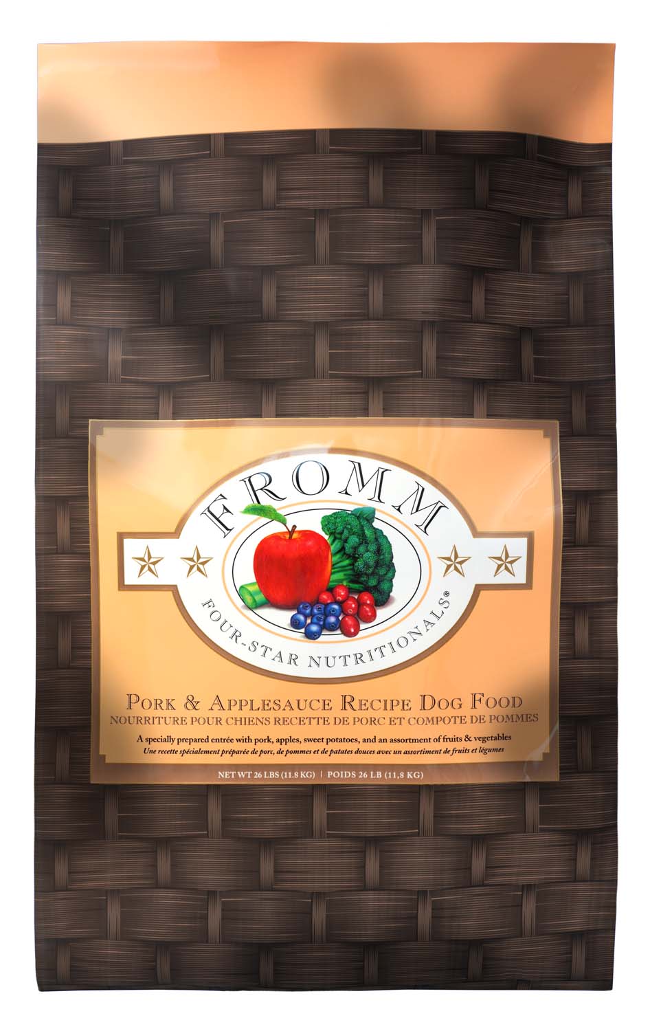 bag of Fromm brand four star pork & applesauce recipe dog food.