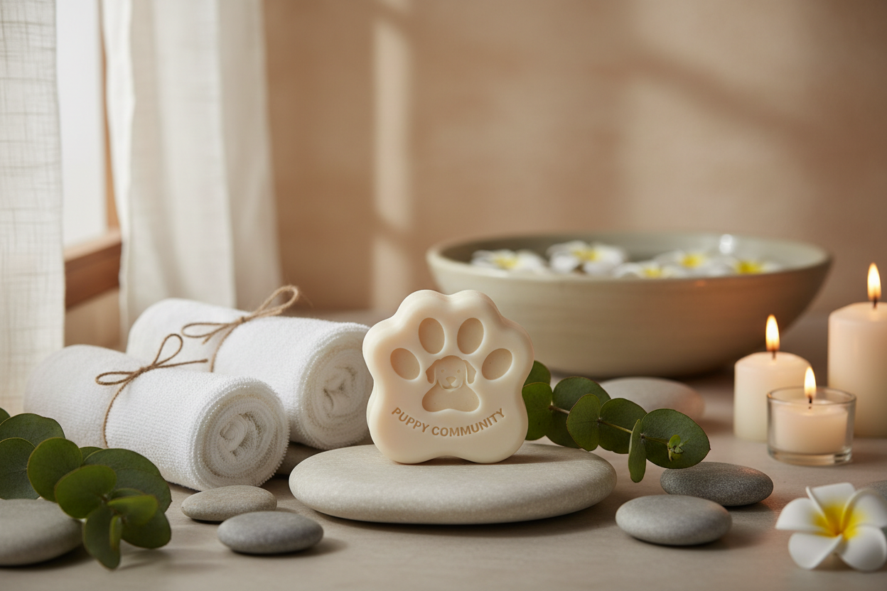 A selection of natural dog shampoos, grooming brushes, and health supplements from the Puppy Community wellness collection.