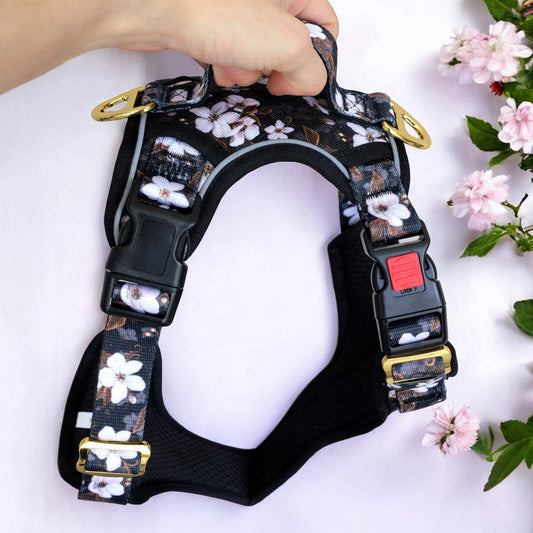 No Pull Dog Harness | Step in | Reflective | Heavy Duty | Easy Reach Handle | Midnight Cherry Blossoms