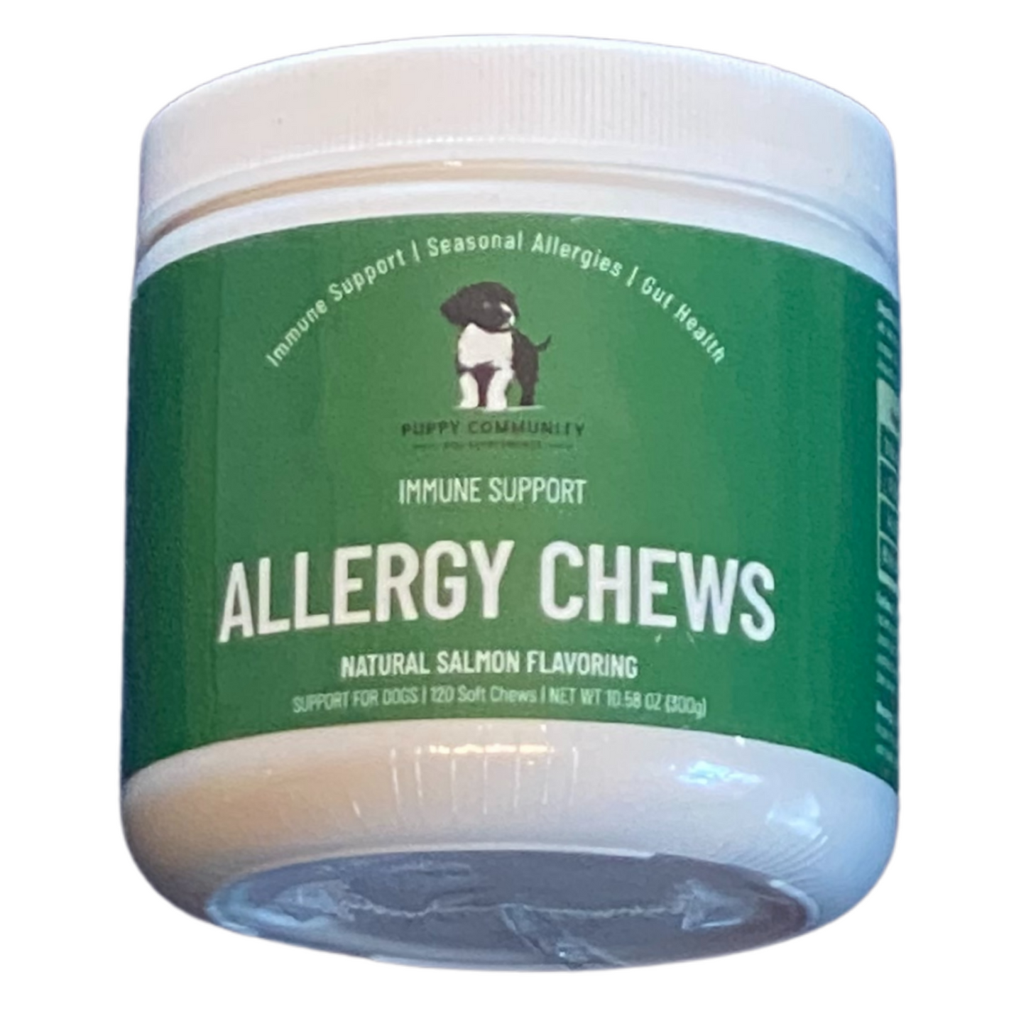 Container of dog allergy chews with green label