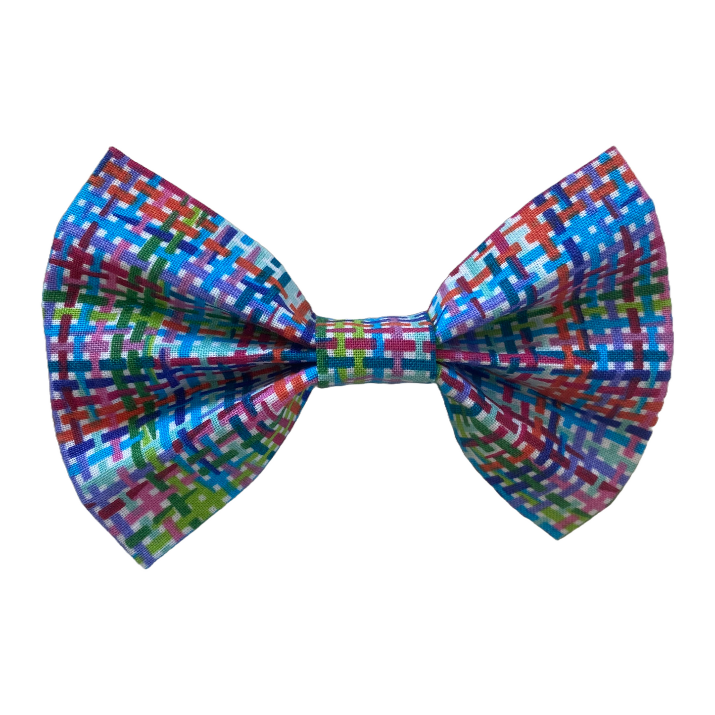 basketweave bow tie for dogs. two white velcro strips attach to collar.