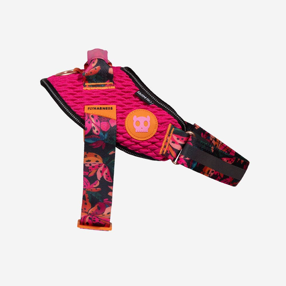 Colorful dog harness with floral pattern on a white background