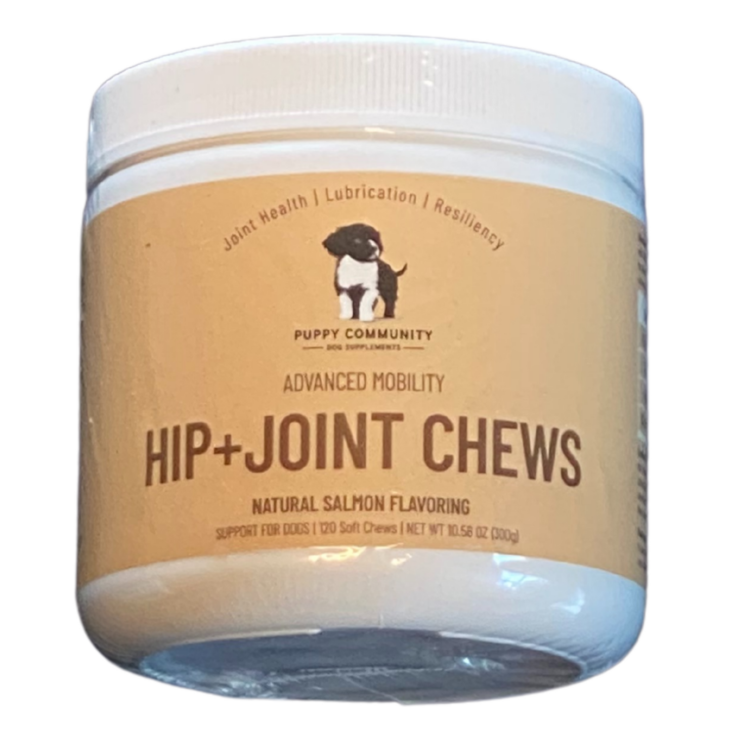 Container of dog hip and joint chews with a brown label.