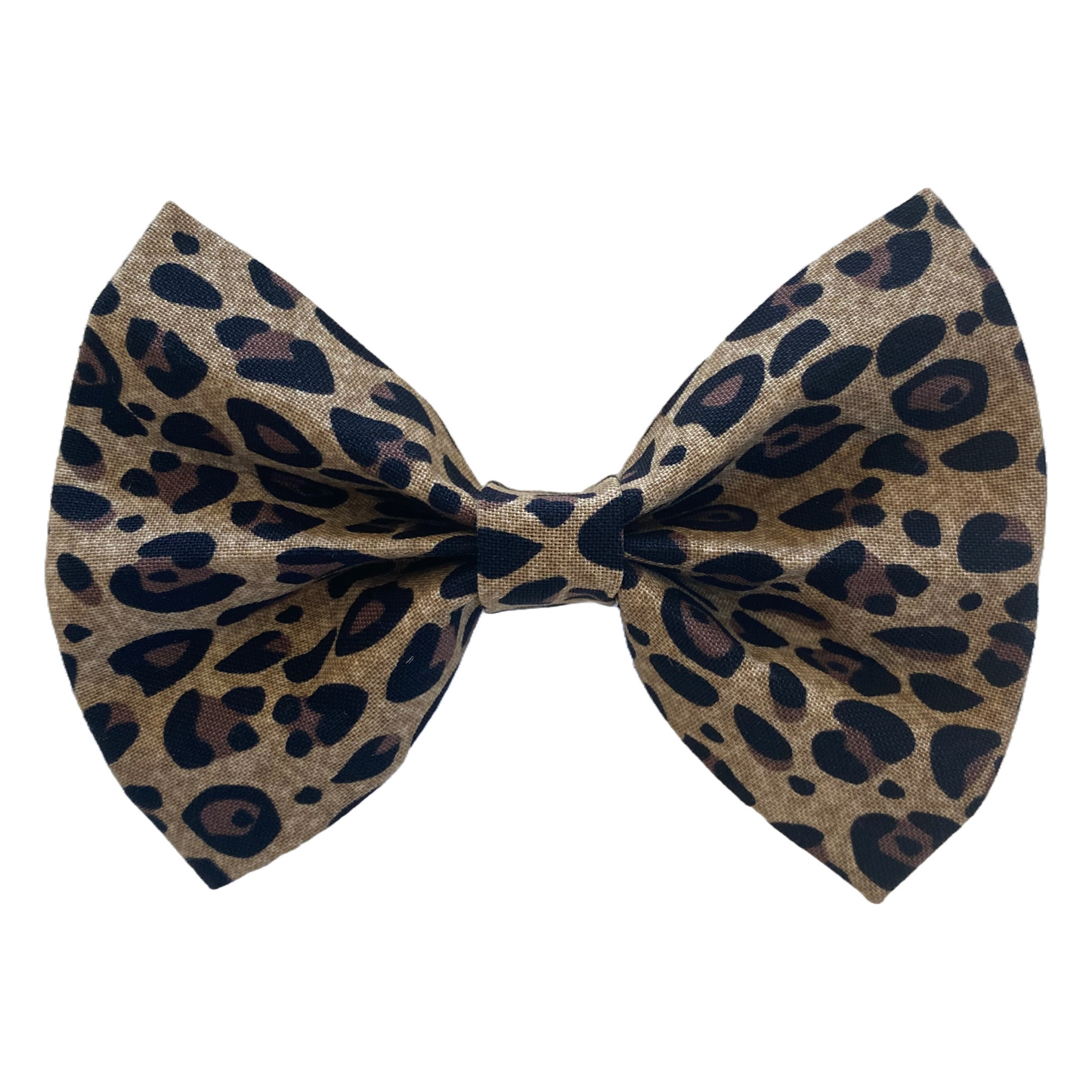 leopard print bow tie for dogs. two white velcro strips attach to collar.