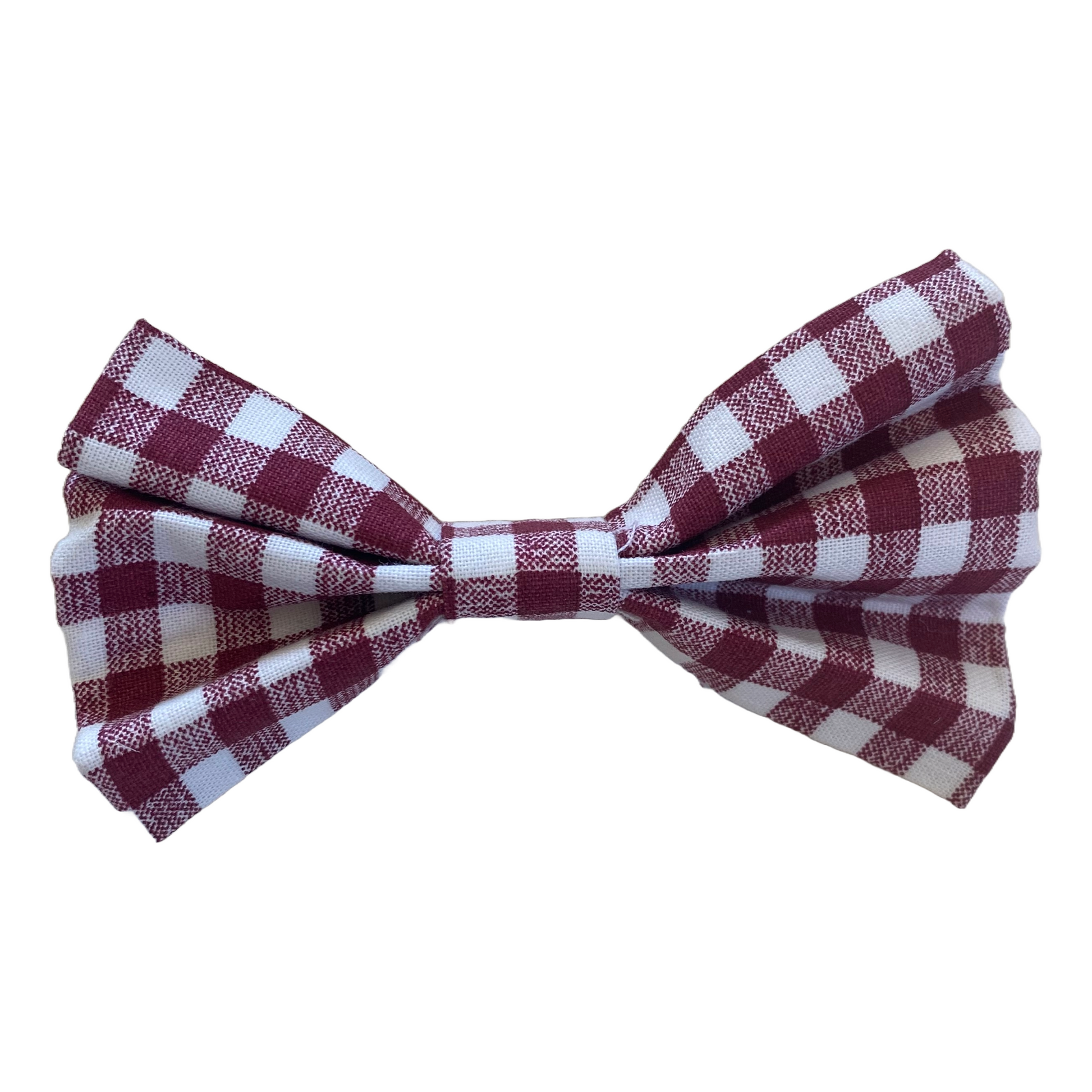 maroon gingham plaid bow tie for dogs. two white velcro strips attach to collar.