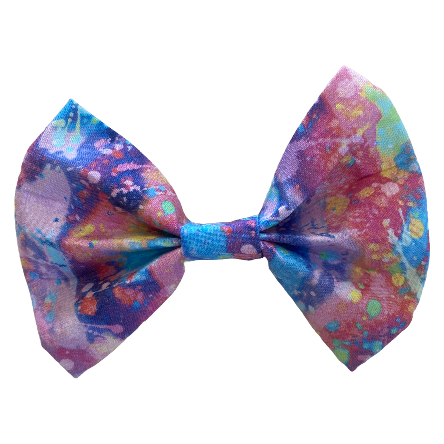 paint splatter bow tie for dogs. two white velcro strips attach to collar.