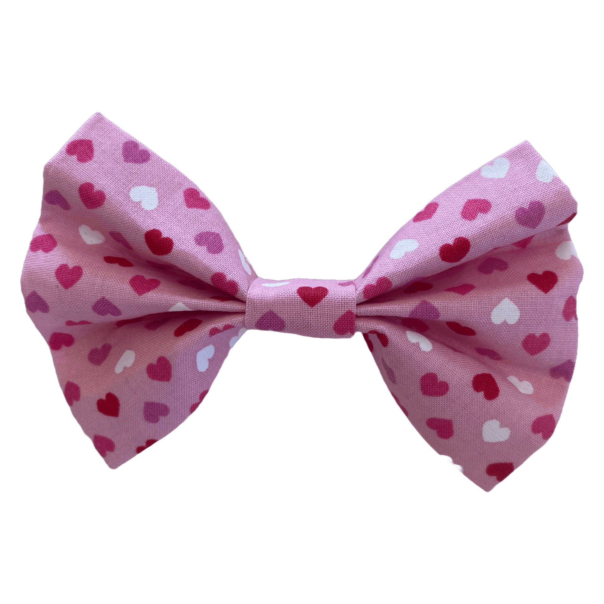 light pink bow tie with dark pink hearts for dogs. two white velcro strips attach to collar.