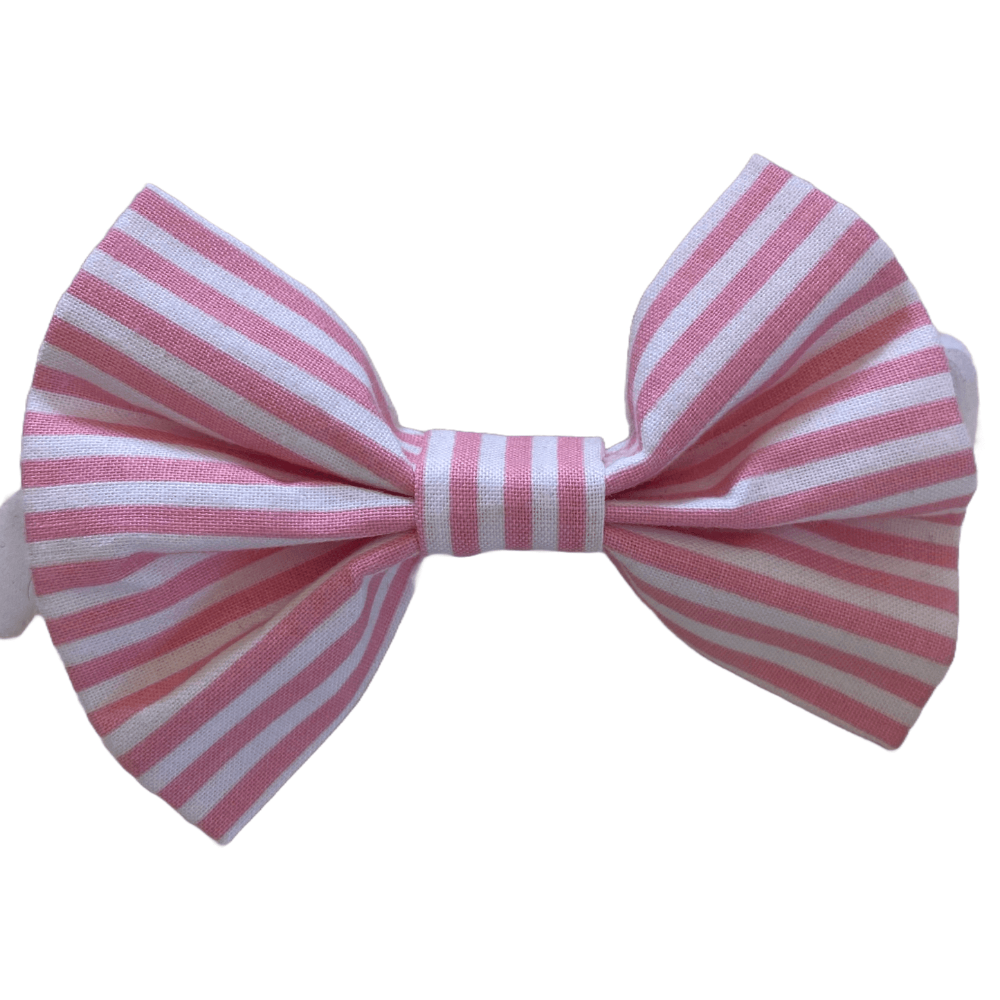 pink stripe bow tie for dogs. two white velcro strips attach to collar.