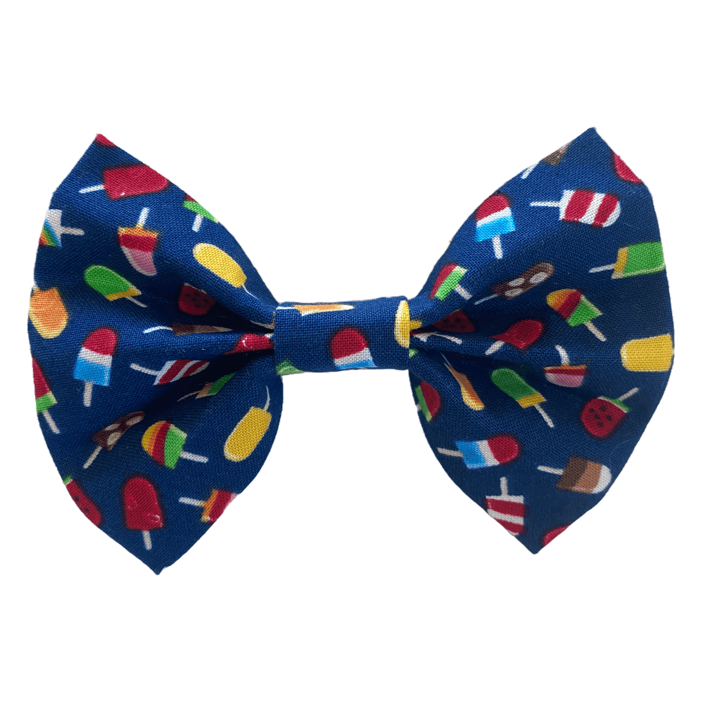 navy bow tie with multicolor popsicles for dogs. two white velcro strips attach to collar.