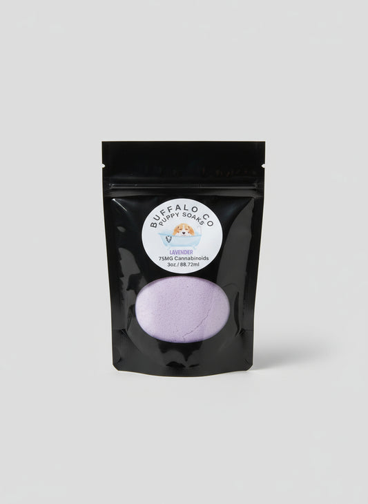 black bag full of salts with a sticker with a puppy in a bathtub