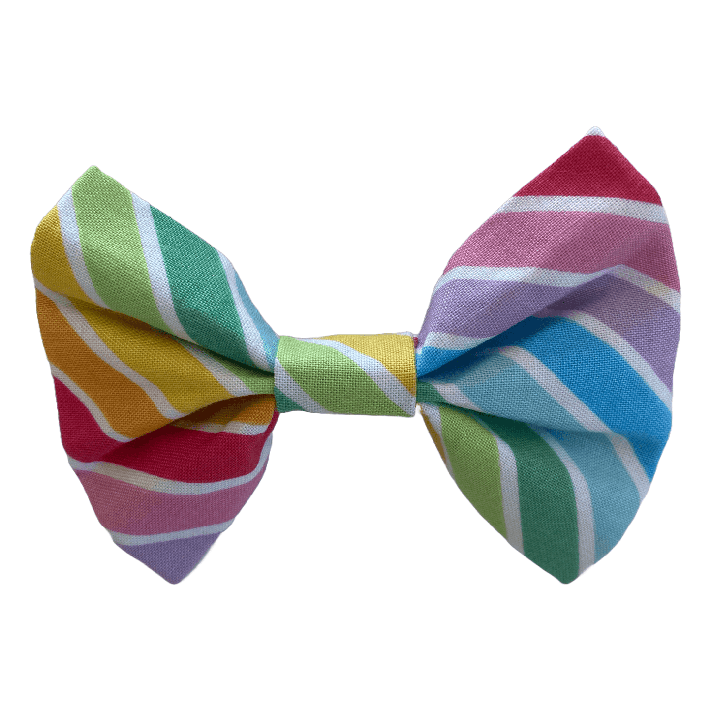 rainbow stripe bow tie for dogs. two white velcro strips attach to collar.