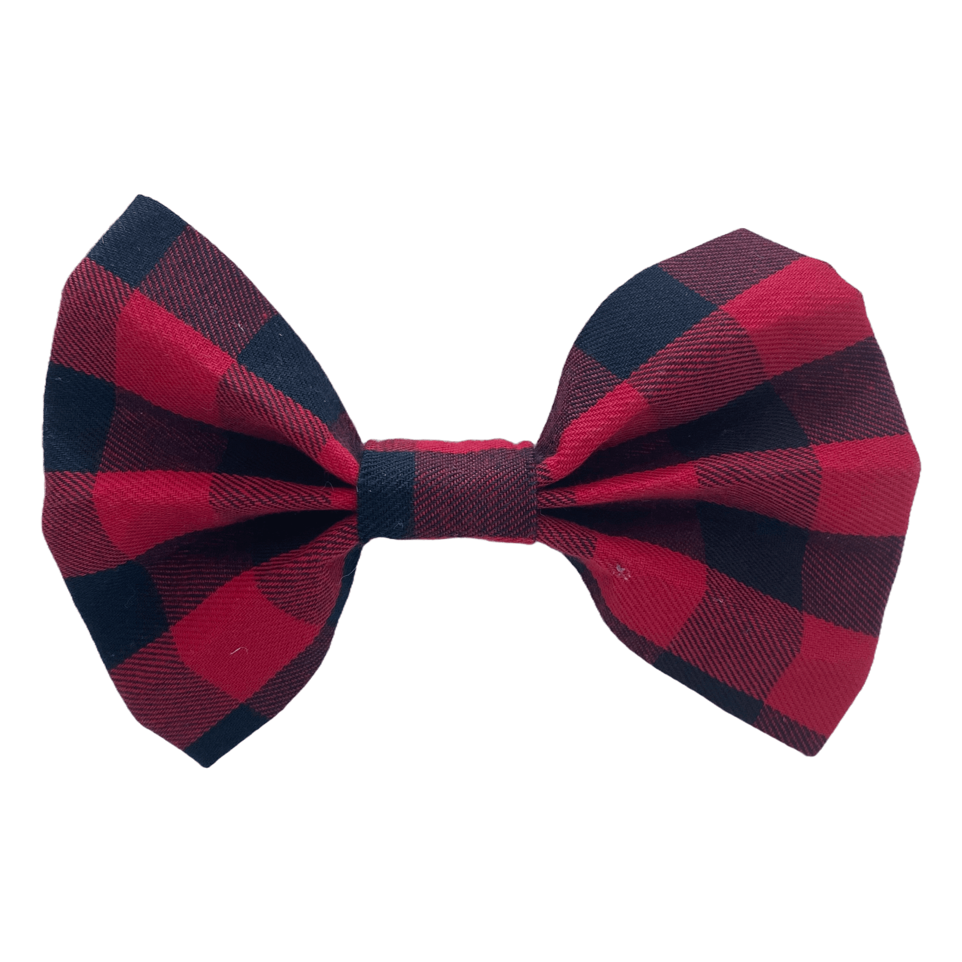 red and black plaid bow tie for dogs. two white velcro strips attach to collar.