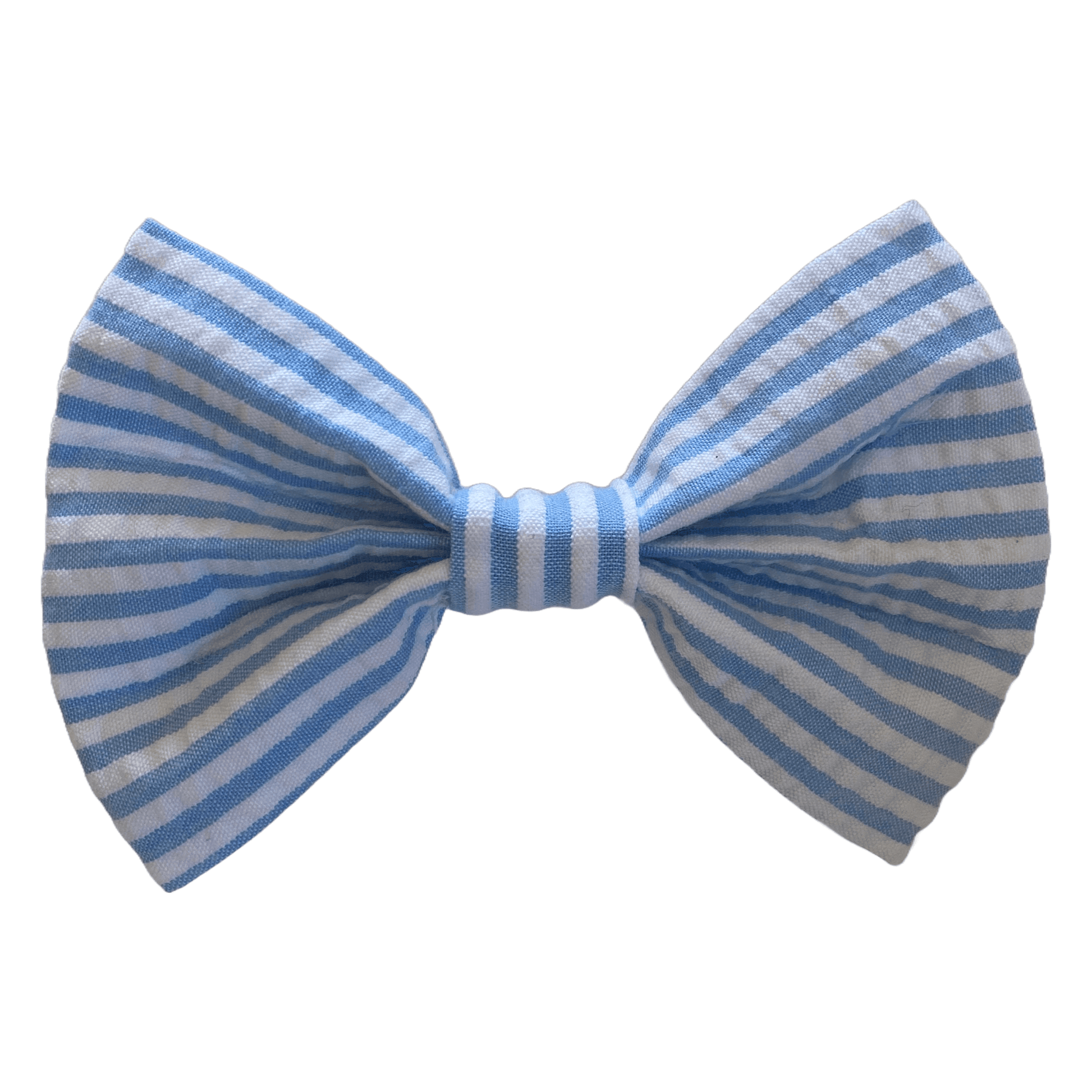 seersucker blue and white stripe bow tie for dogs. two white velcro strips attach to collar.