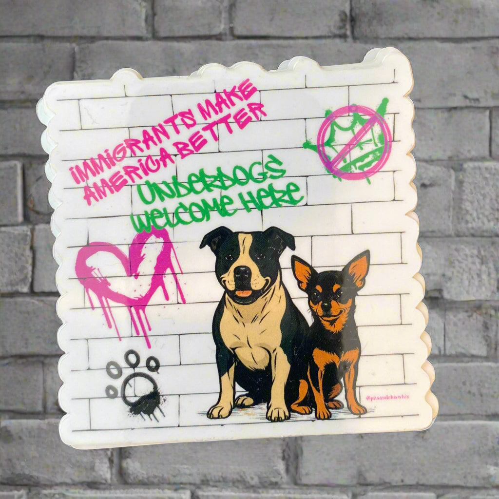 Small square card with a dog illustration and text on a dark background