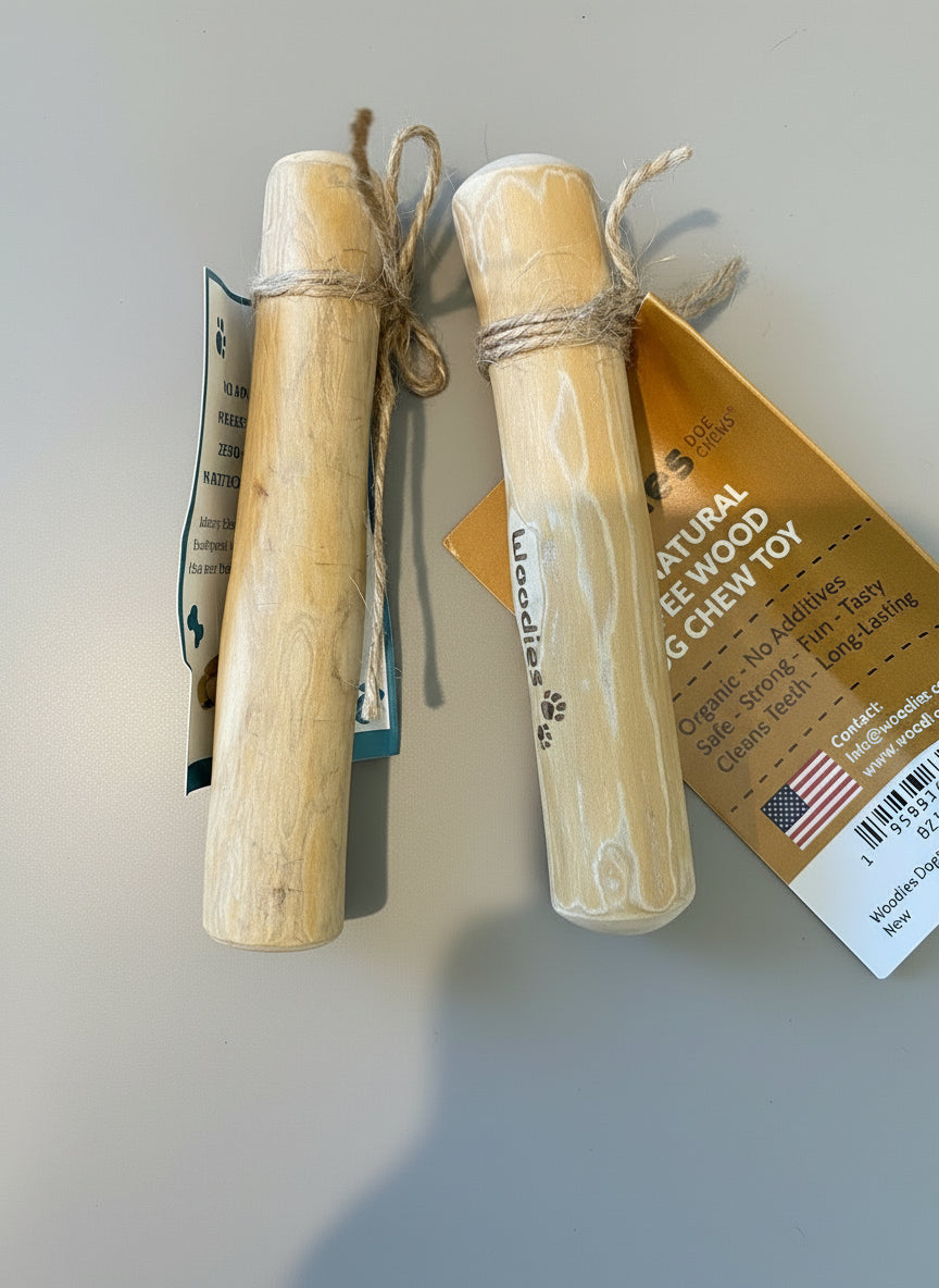 Two wooden chew toys with packaging on a gray surface