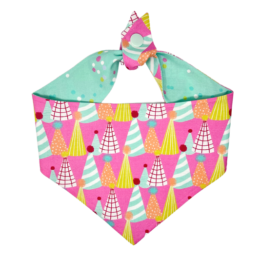 Pink Party Hats Reversible Tie On Dog Bandana for Birthdays