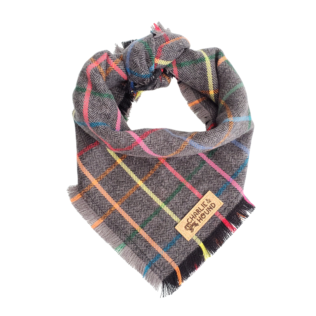 Gray Rainbow Plaid Flannel Tie-on Dog Bandana